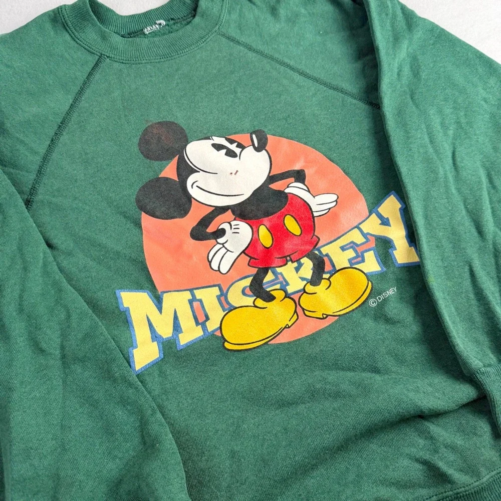 Vintage‎ 80s Mickey Mouse Kids Green Raglan Sweatshirt Disney Graphic Pullover